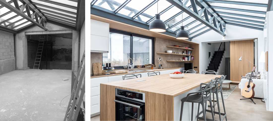 Loft contemporain avec verrière : photo avant - après d'une réalisation d'architecture d'intérieur